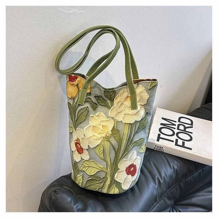 Large Capacity Floral Pattern Bucket Bag Versatile Storage Women Shoulder Bag New Chinese Style Crossbody Bag for Going Out Use