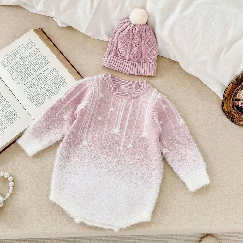 

Infants Knit Clothes Gradient Star Winter Neutral Baby Knit Romper Girl Onesie Romper Thick Knitting Toddler Kids Outfit Clothes