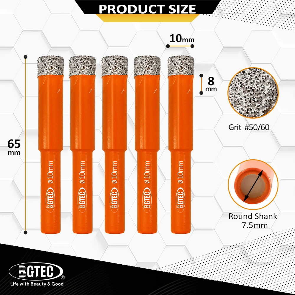 BGTEC 5pcs Dia10mm Diamond Drill Bits Set Round Shank Drilling Crowns Ceramic Tile Granite Marble Porcelain How Saw Kit Box