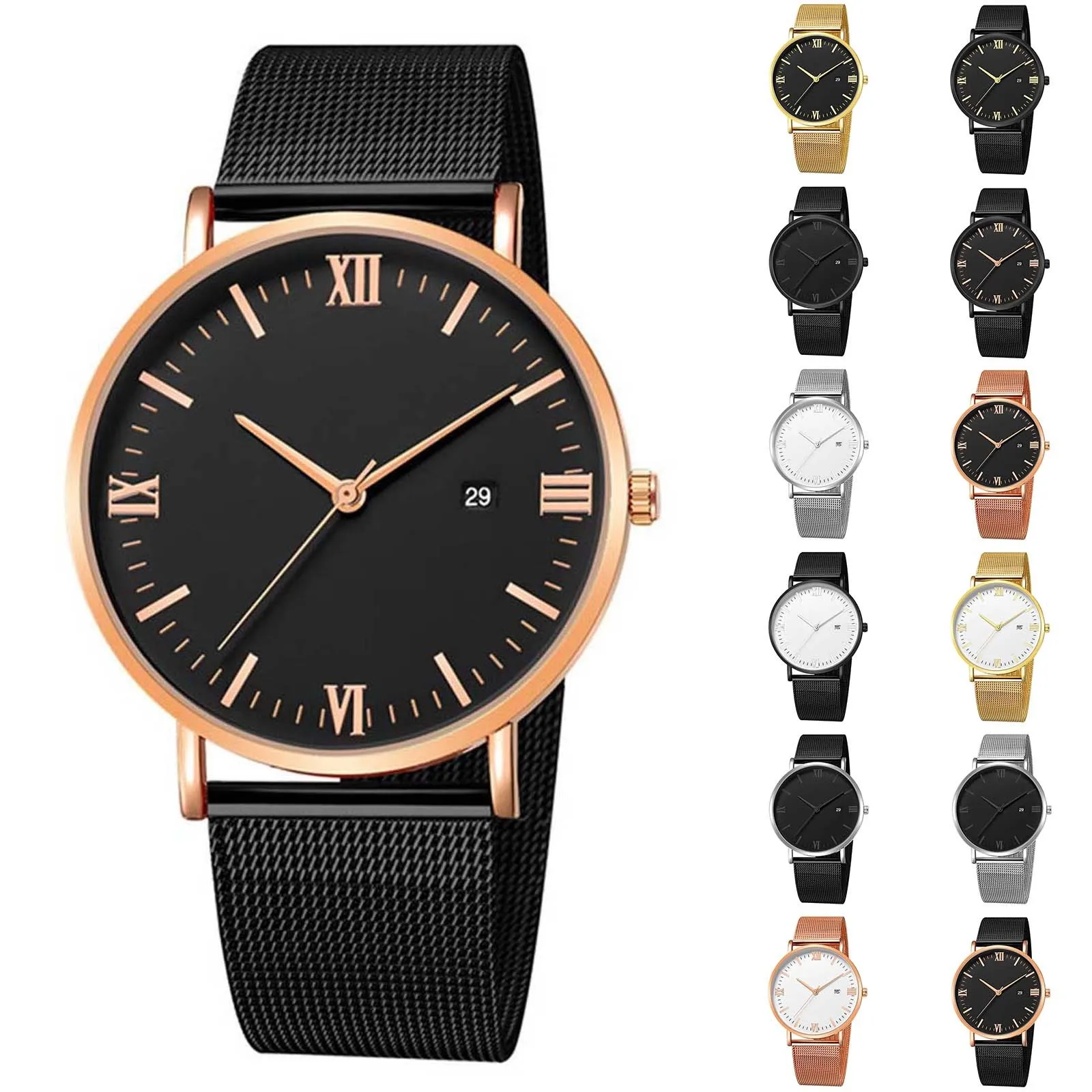 Luxury Fashion Stainless Steel Mesh Belt Watch Mens Quartz Calendar Watches