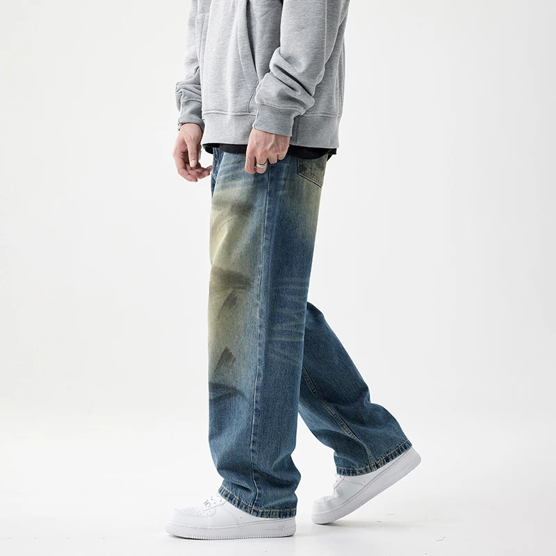 Baggy Pants Men Wide Leg Jeans Loose Fit Dirty Denim Desinger Straight Streetwear Men's Clothing Male Trousers Vintage