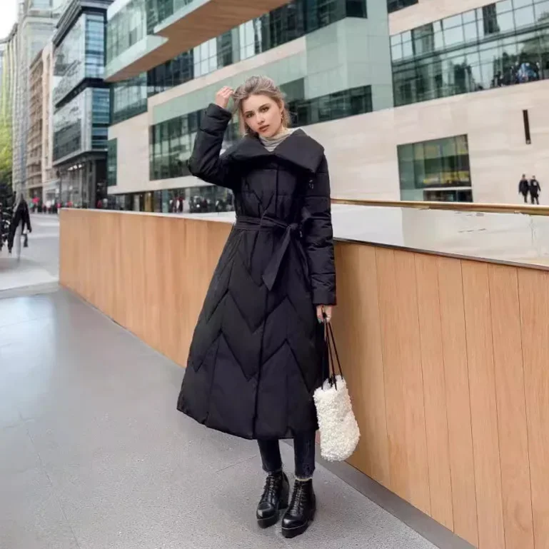 Women's New  Winter Long Jacket Female Large Lapel Knee Length Cotton Jacket Women Pure Color Thicken Warm Parkas Women's Jacket