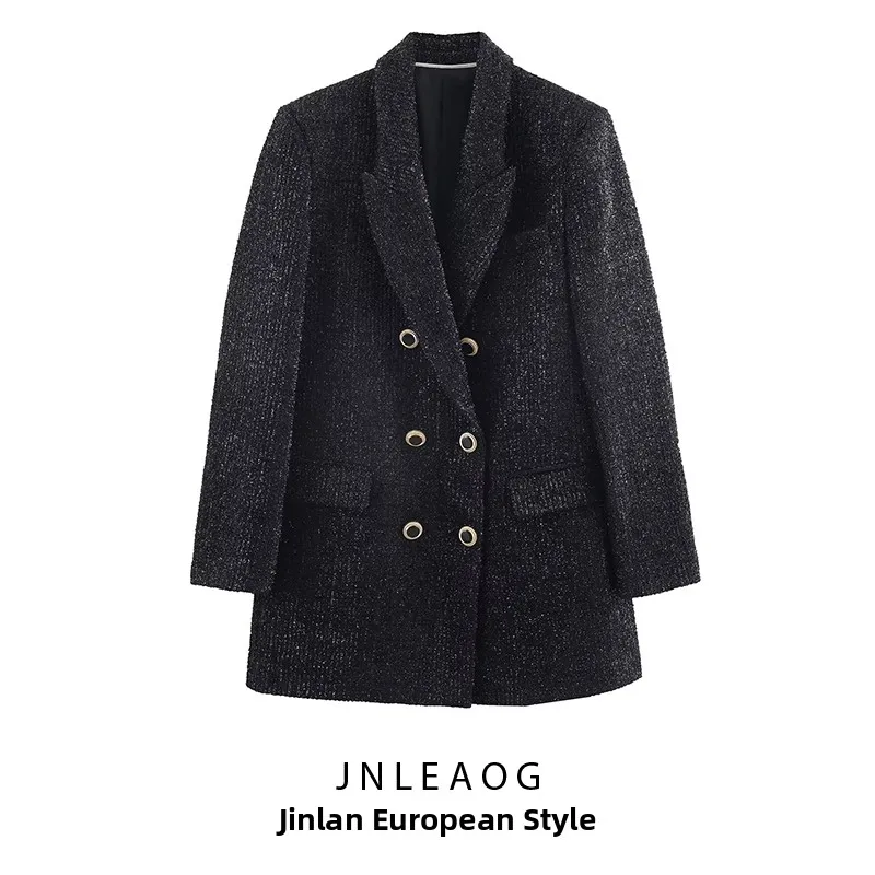 

JNLEAOG Women's Autumn New Sle Metal Color Line Double Breasted Suit Jaet Loose Fit Busin Long Sve Faion Design
