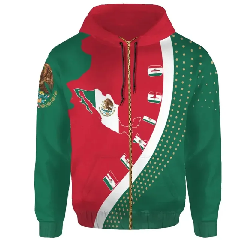 Harajuku 3D Printing Mexico Skull Aztec Warrior Flag Zip Up Hoodies Men Mexican Coat Of Arms Graphic Zip Up Sweatshirts Pullover