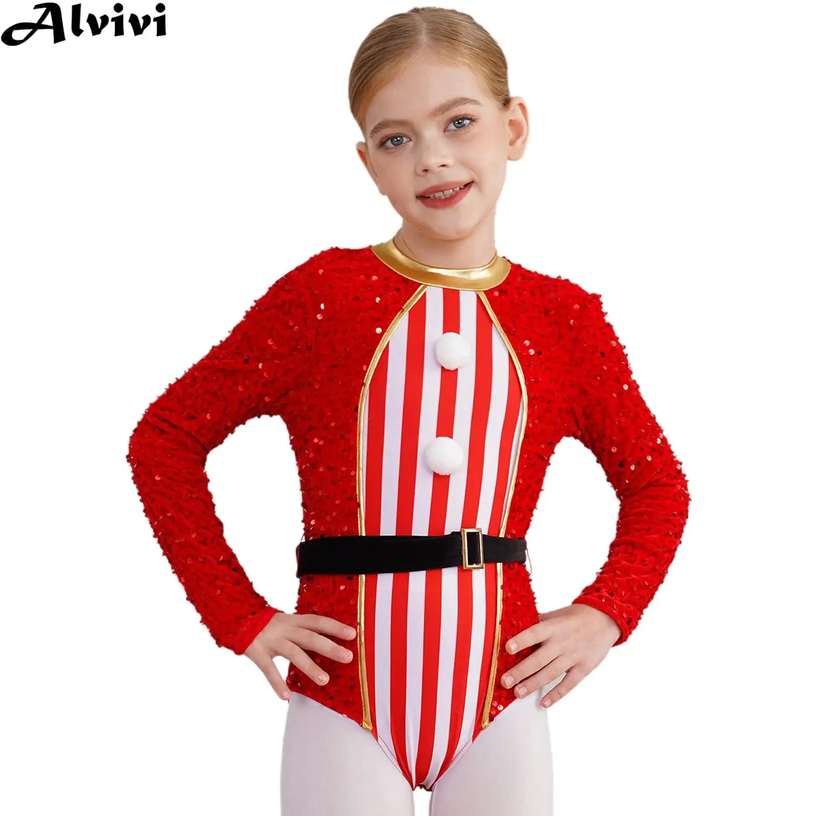 Bodysuit de dança de cana doce feminino, manga comprida, listras, lantejoulas, collant para Ballet, Ginástica, Performance Patinação Artística, Natal