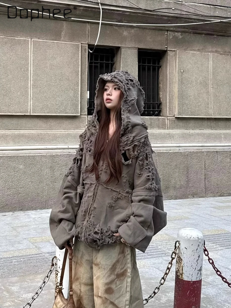 

American Retro Distressed Ripped Hooded Zipper Jackets for Women Street Style Personality Hot Girl Casual Oversized Jacket