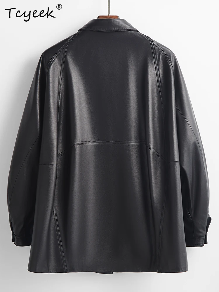 Tcyeek 양피 여성 가죽 자켓 봄 가을 옷깃 긴 소매 블랙 중간 길이 윈드 브레이커 자켓 Chaqueta Cuero