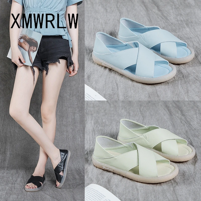 

XMWRLW Genuine Leather Flat Sandals For Women Summer Shoes Fashion Solid Color Ladies Comfortable Shoes Women Summer Sandals