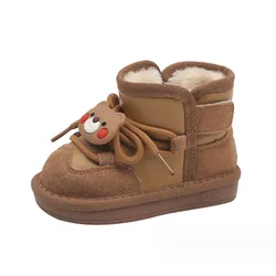 2023 New Winter Baby Boots  leather Warm Plush Little Boys Shoes Cute Bear Non-slip Fashion Toddler Girls Snow Boots