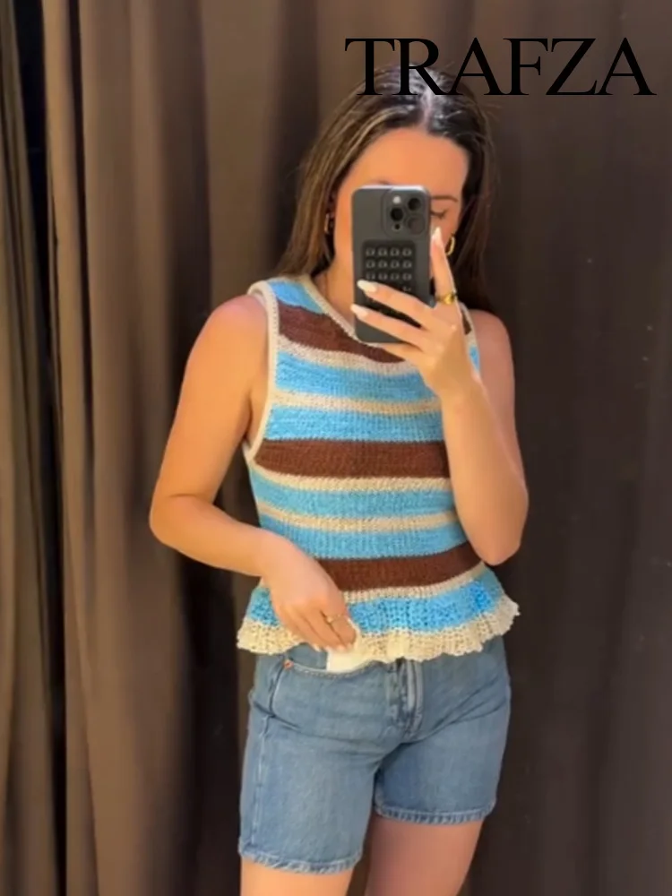 

TRAFZA Women New Fashion Laminated Decoration Striped Sleeveless Knit Top Female Elegant Seaside Vacation Casual Vest Top Mujer