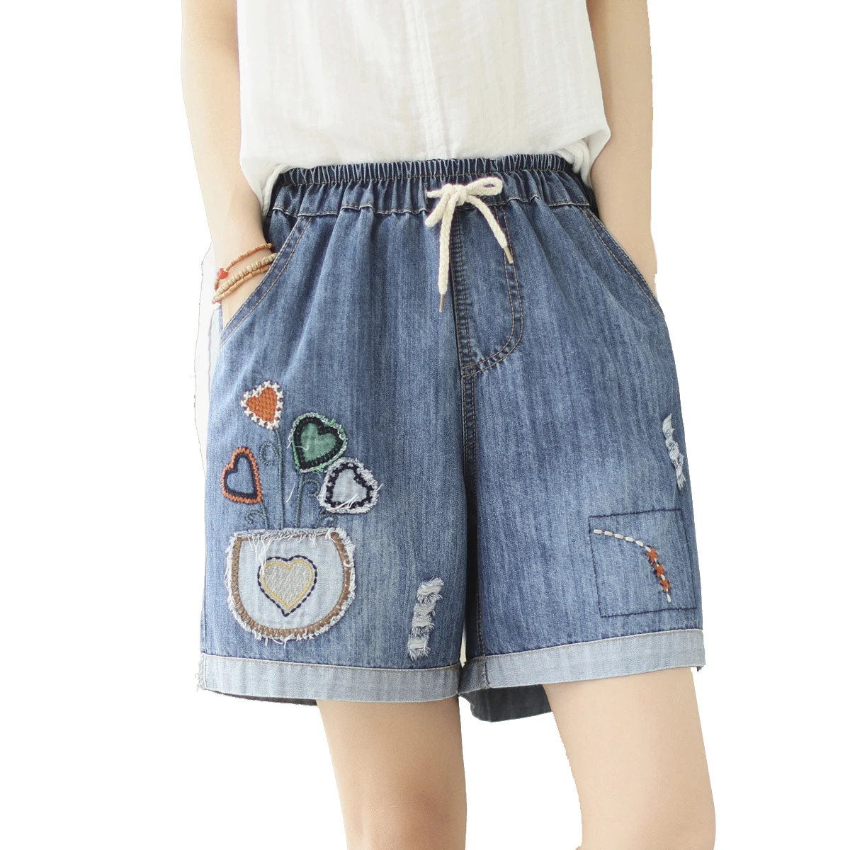 Aricaca Women Embroidered Patch Designs Denim Shorts Female M-2XL Casual Light Blue Shorts