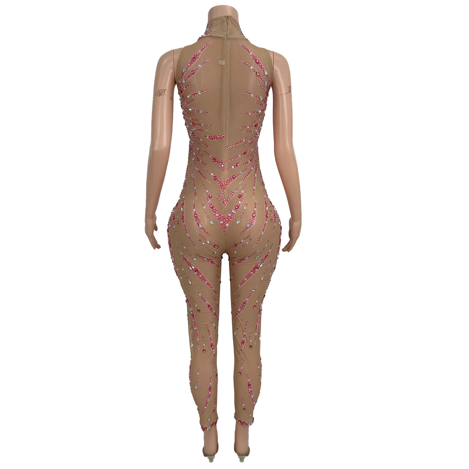 High-end Streamer Theme Party Night Out Outfit Sparkly Rhinestone Tight Fitting Jumpsuit See Through Mesh Show Sexy Wear Fengye