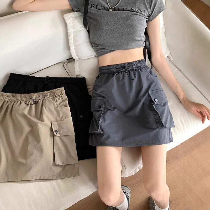 Women Cargo Skirt Lady Spring Summer Elastic Waist Drawstring Work Skirt Girl Student High-Waist Niche A-Line Work Cargo Skirt