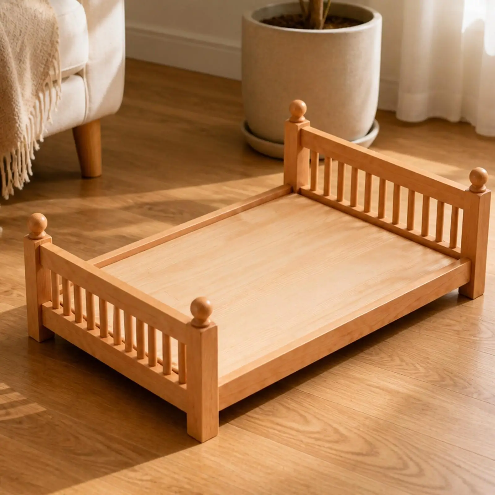 Beech Wood Elevated Pet Bed Frame Breathable Wooden Pet Bed with Slatted Guard Rails Water-Resistant for Dog Owners, Bedroom,