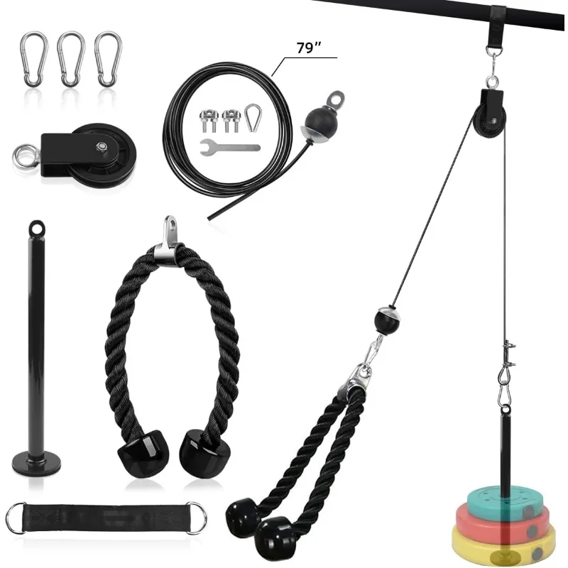 Ensemble d'accessoires pour machine à câble de traction verticale noire, poulie silencieuse, câble en acier réglable de 3 mètres, construction robuste en acier, accessoire d'entraînement de force pour tout le corps, idéal pour la maison, le garage ou la salle de sport commerciale.