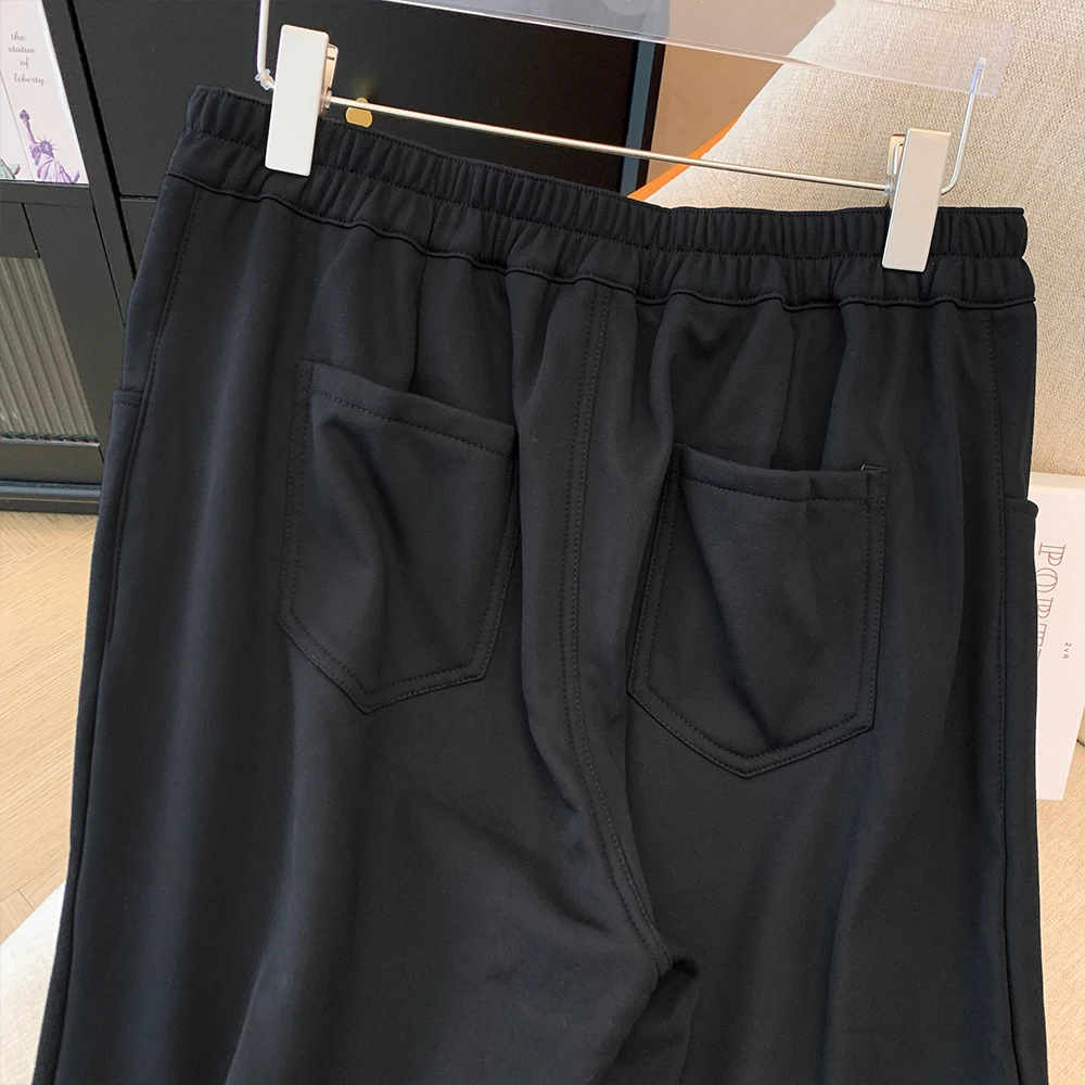 Calça grossa confortável feminina casual solta, bolso de botão preto, elástico na cintura, calças grandes longas, outono, inverno, tamanho grande