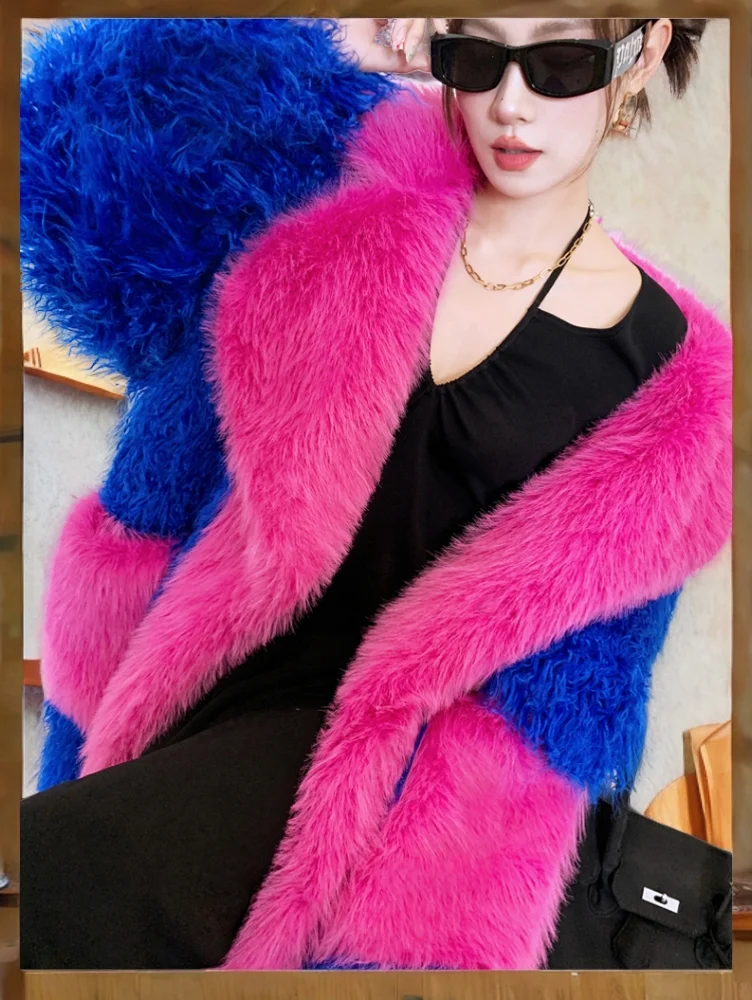 Blue and Rose Red Faux Fur Coat Loose Lapel Shaggy Outerwear Female Women's Winter Streetwear Long Jacket Performance Costume