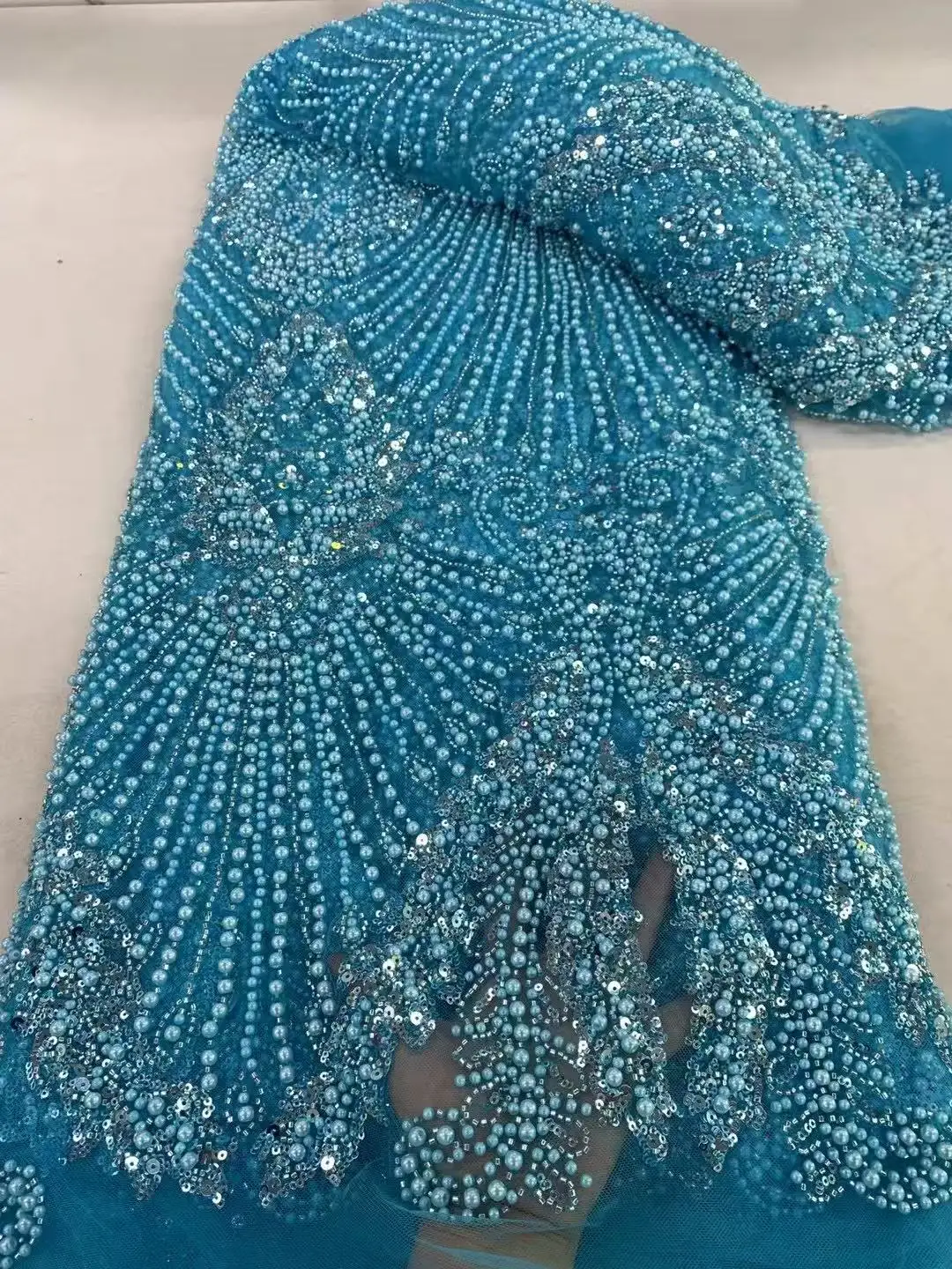

2025 African Lace Fabric Sequins Beaded Embroidery Groom Nigerian Bridal High Quality French Tulle Lace Fabric For Wedding Party