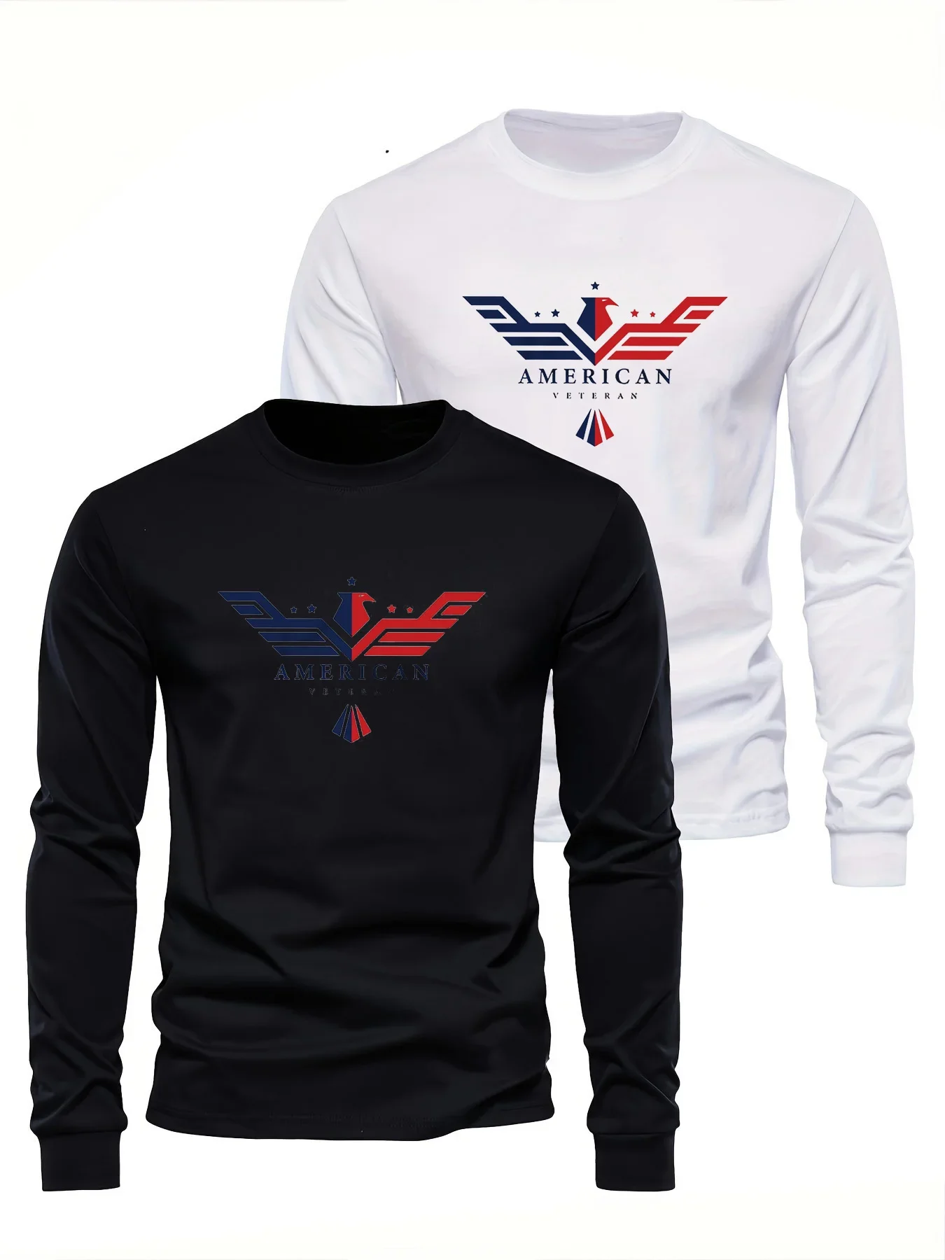 

Men's cotton loose fit comfortable sports and leisure American eagle pattern printed round neck long sleeved Casual T-shirt tops