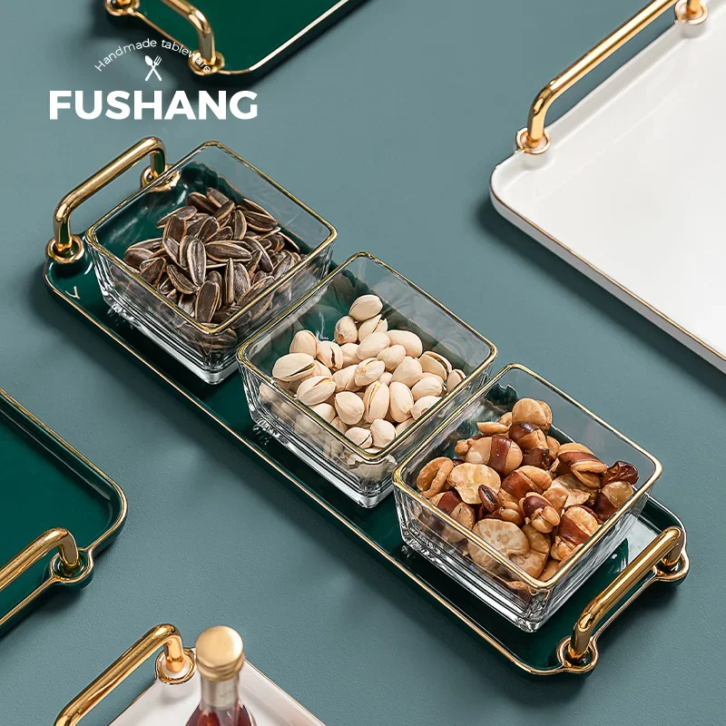 Modern Ceramic Storage Tray with Golden Stroke Rectangular Cosmetic Candy for Living Room Entrance Home Decoration