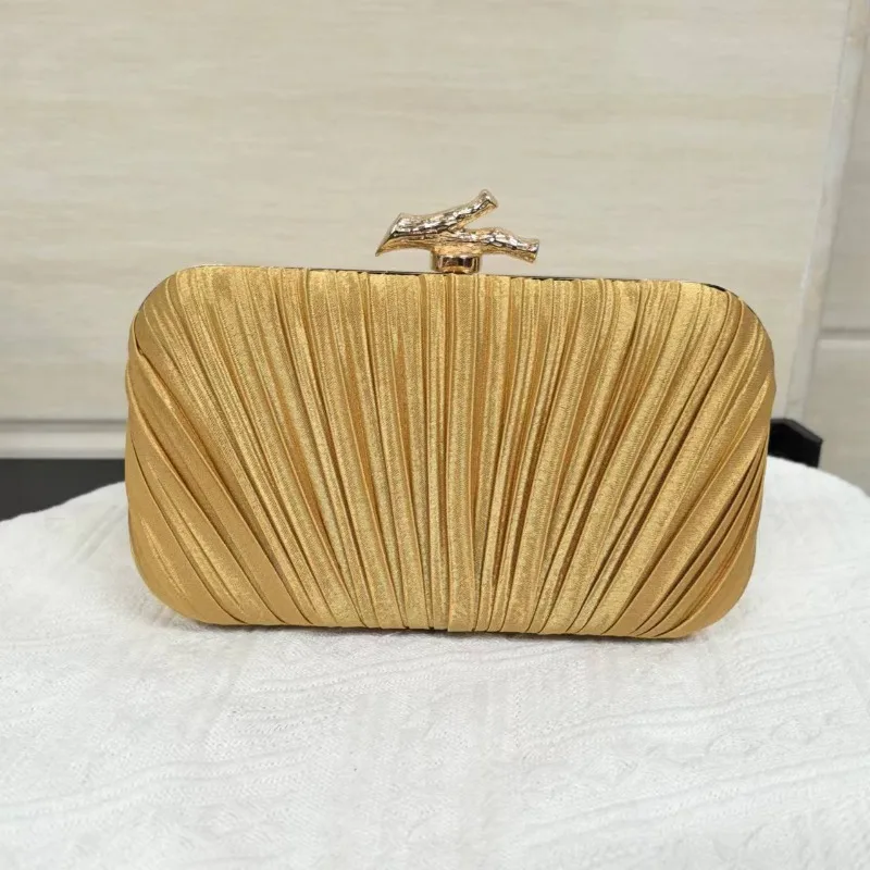Elegant Lilac Shimmer Pleated Satin Clutch Purse, Gold Branch Bird Lock Hard Evening Bag for Bridal Wedding Cocktail Gala Party view 3