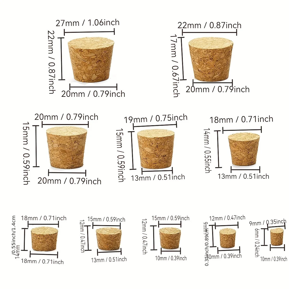 100 قطعة من الفلين المتنوع لفلين زجاجات النبيذ، أحجام مختلفة من الفلين المدبب الخشبي لاستبدال زجاجات الفلين الحرفية لزجاجات البيرة