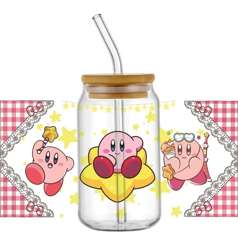 Action Games Kirby Pattern UV DTF Transfer Sticker Waterproof Transfers Decals For 16oz Glass Cup Wrap Stickers