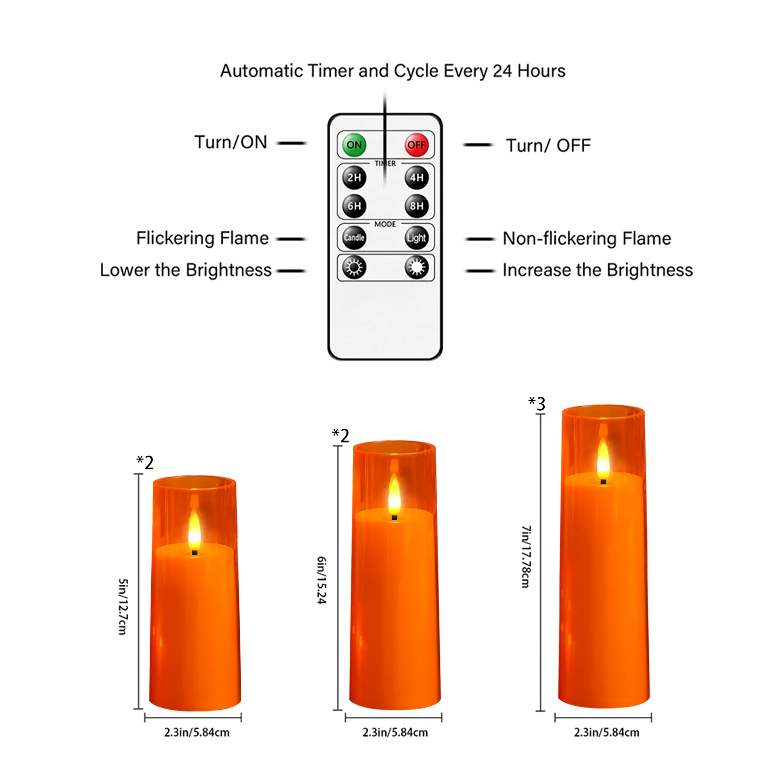 7Pcs Orange LED Flameless Candles Remote Control Timer Flickering Battery Operated Acrylic Pillar Candles for Home Wedding Decor