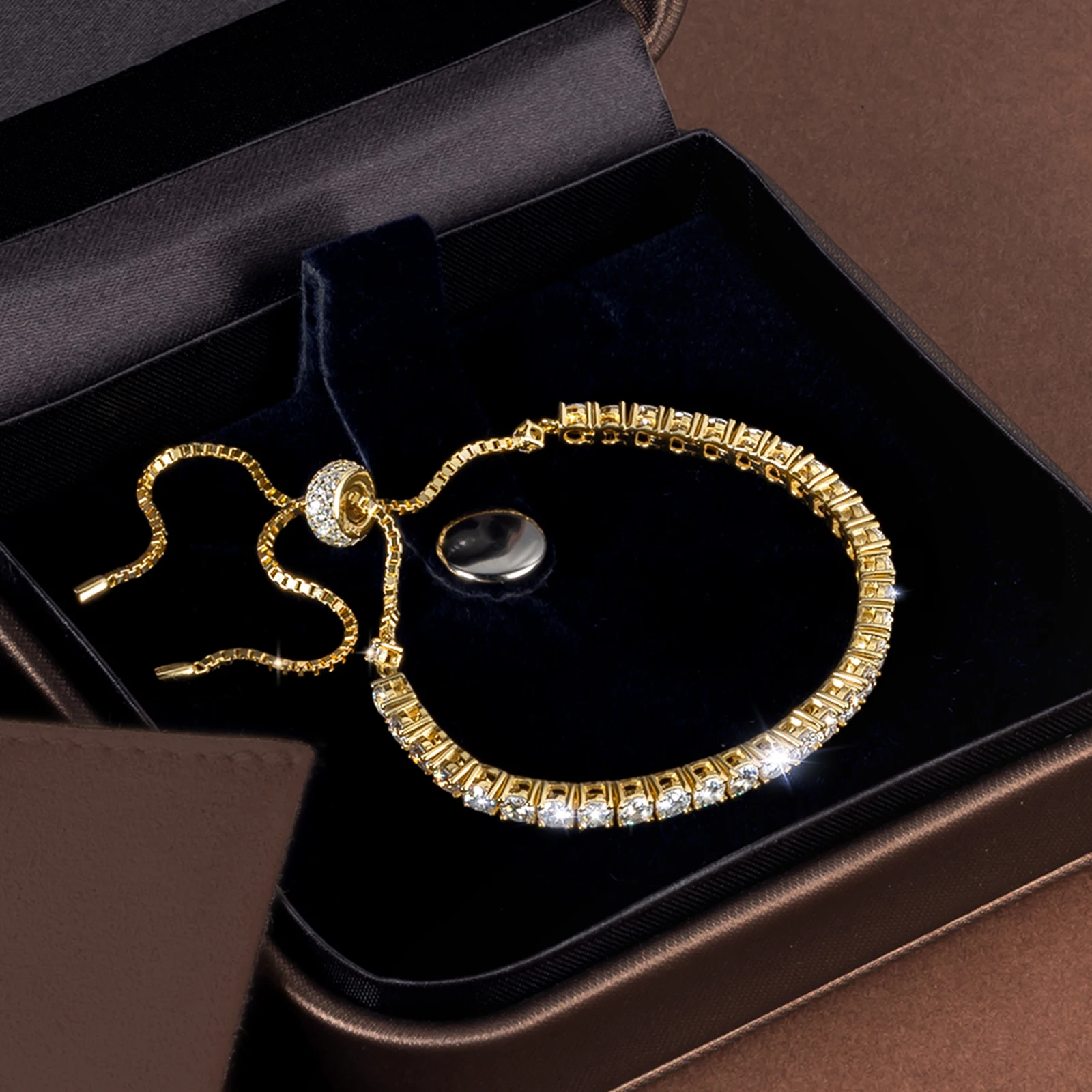 

GRA Certified Moissanite Diamond Adjustable Chain 14K Gold Plated 925 Silver 2mm D Color VVS Round Cut Mossanite Bolo Bracelet