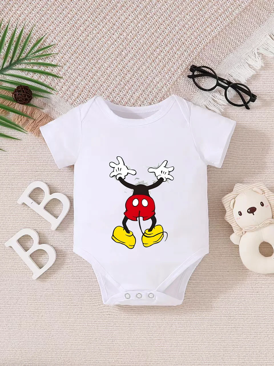 

【Officially Authorized】 Disney "Mickey Mouse" Baby triangle onesie: Headless Playful Pose Print, Soft Comfortable Fabric