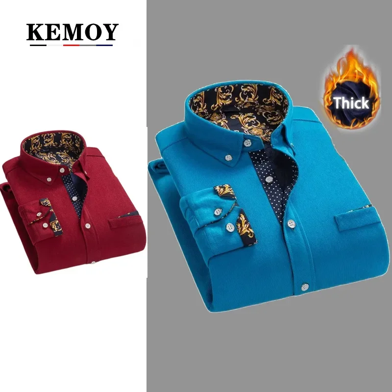 Winter warm shirt plus velvet thickening fashion print plaid shirt long sleeve men\'s brand shirt dress M-5XL