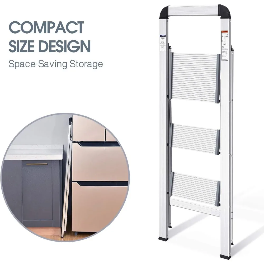 Aluminium 3-traps ladder, lichtgewicht opstapkruk met antislippedalen, leuning, 330 LBS opvouwbare opstapladder voor keuken