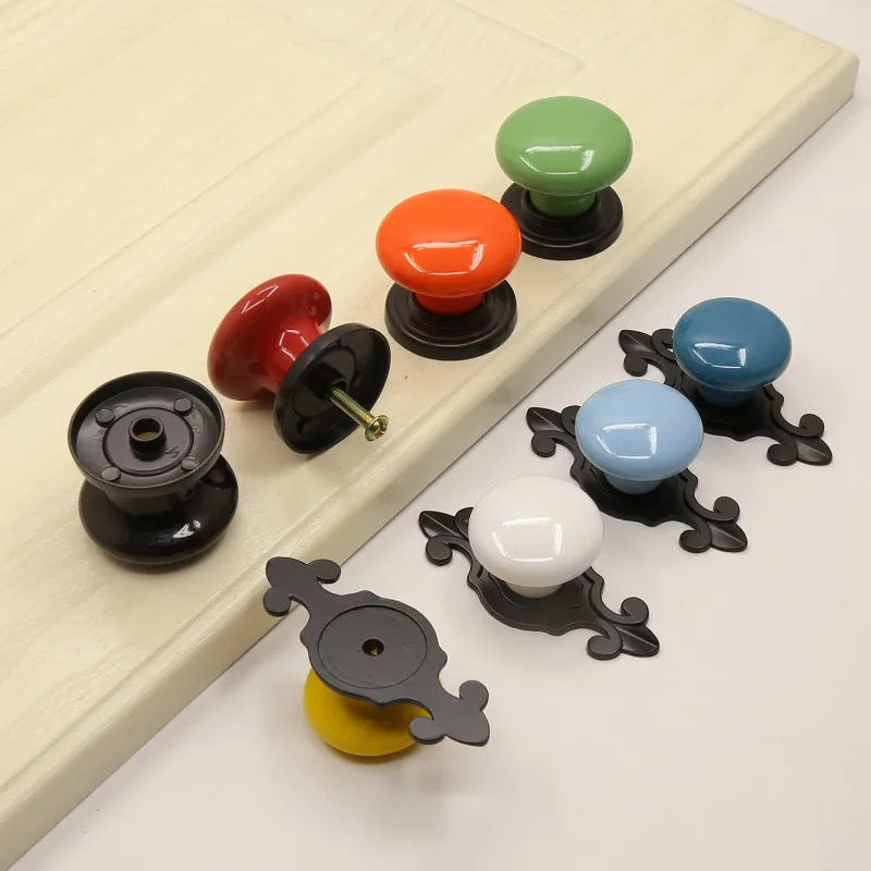Colored Ceramic Door Handle Single Hole  Cabinet Shoe Cabinet Wardrobe Black Zinc Alloy Cabinet Handle