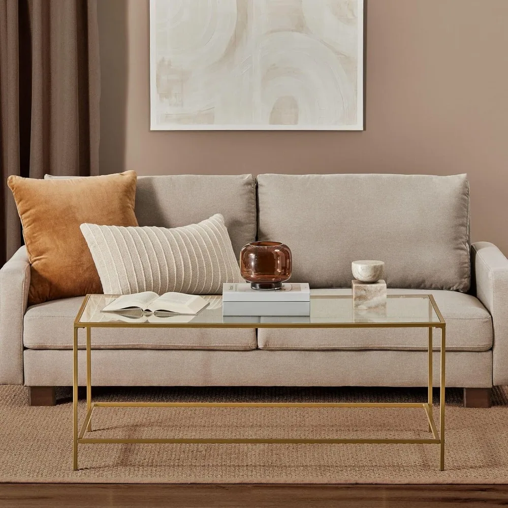 

Glass Top Coffee Table - Large Minimalistic Rectangular Geometric Metal Accent Furniture Unit for Living Room, Basement,Table