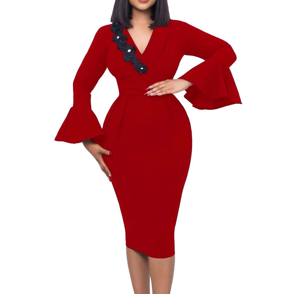 

African Dresses for Women Spring Autumn African Women Flare Sleeve Polyester Red Blue Dark Gray Knee-length Dress S-3XL