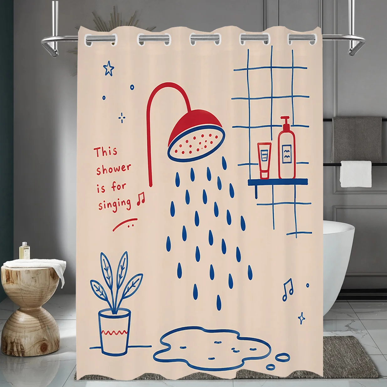 1pc [Ins Style] Fun Graffiti Shower Curtain | Singing Special Creative Printed Bathroom Curtain | Nordic Easy Bathroom Decor Cur