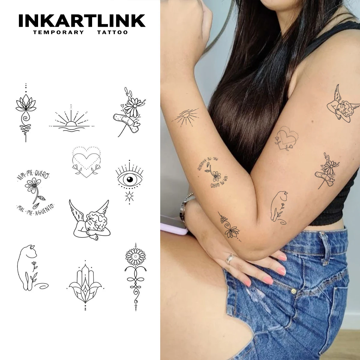 INKARTLINK Simple Lines Cat Flower Angel Sunrise Small Tattoo Stickers Waterproof Temporary Tattoo Color Holding 1-2 Weeks