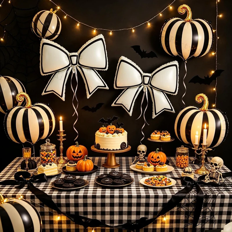 4-teiliges Halloween-Folienballon-Set mit Schleife, schwarz-weiß gestreiftem Kürbis und orangefarbenem Folienballon, Halloween-Partydekorationen, Foto-Requisiten – Detail 4