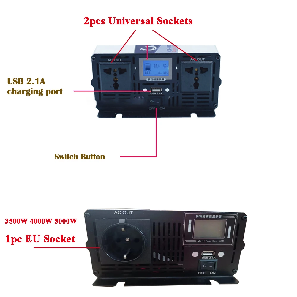 Imagem -06 - Inversor de Onda Senoidal Pura com Display Lcd Conversor de Carro Tomada Dupla dc 12v 24v a 110v ac 220v 5000w 4000w 3000w