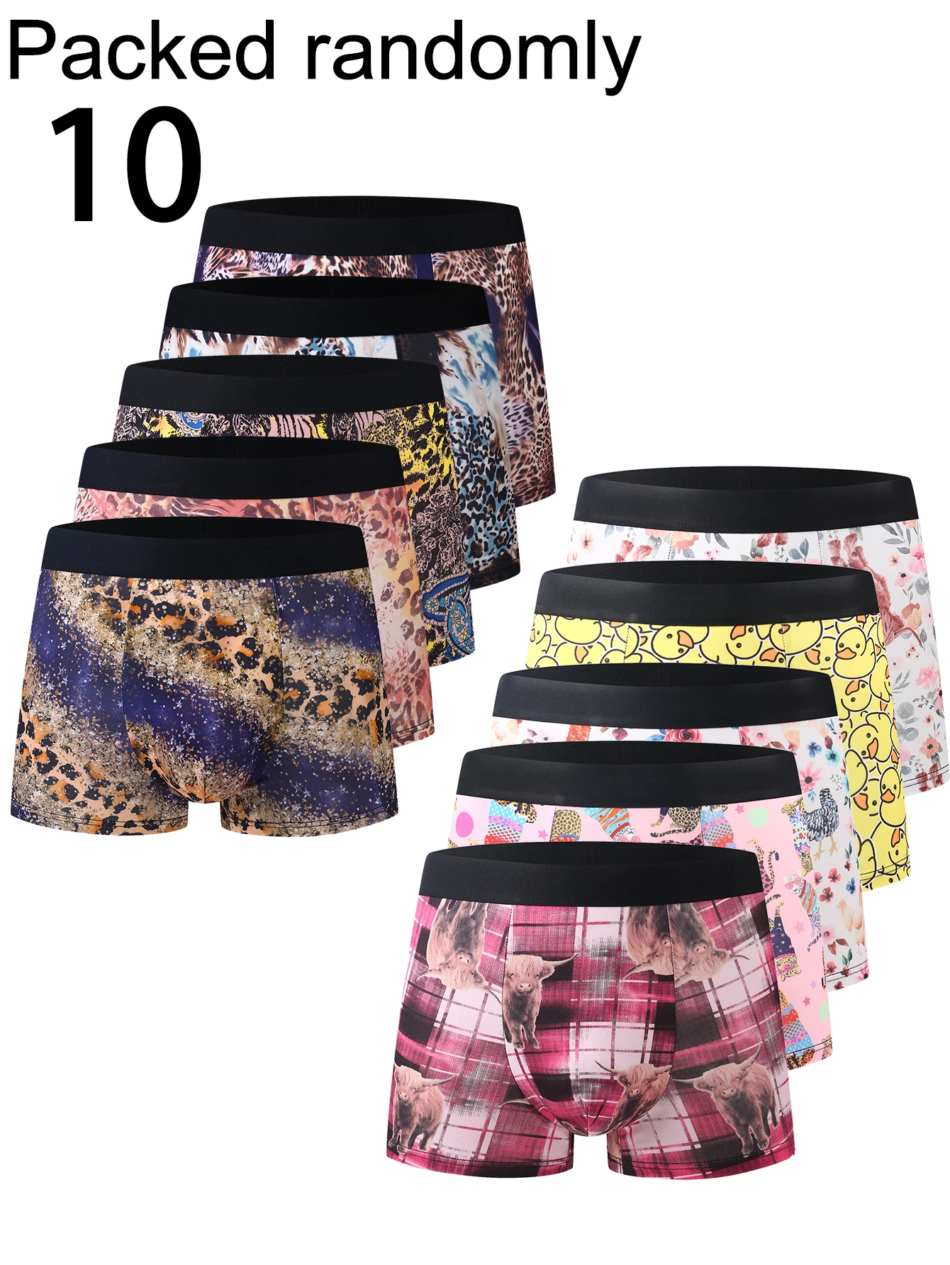 

10-Pack Men's Plaid Cartoon Print Boxer Briefs High Elasticity Seamless Waistband Skin-friendly Assorted Colors Mixed Pack