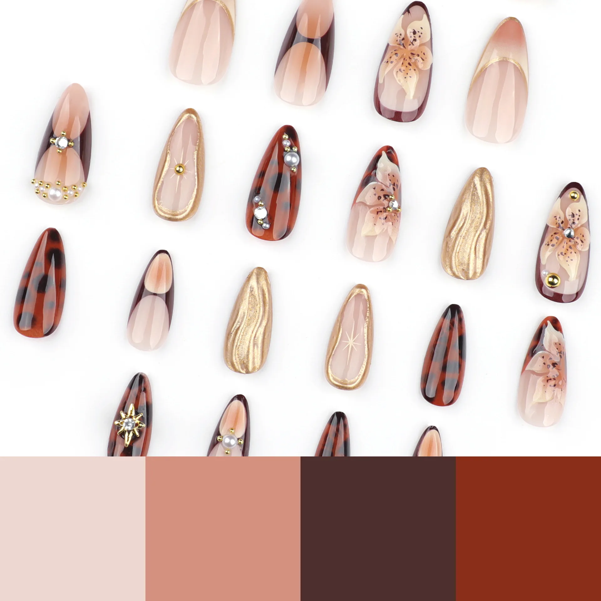 Luxury Maillard Almond Press on Nails with 3D Flower Cross Shell Design Glossy Reusable Fake Nails for Bridal image 5