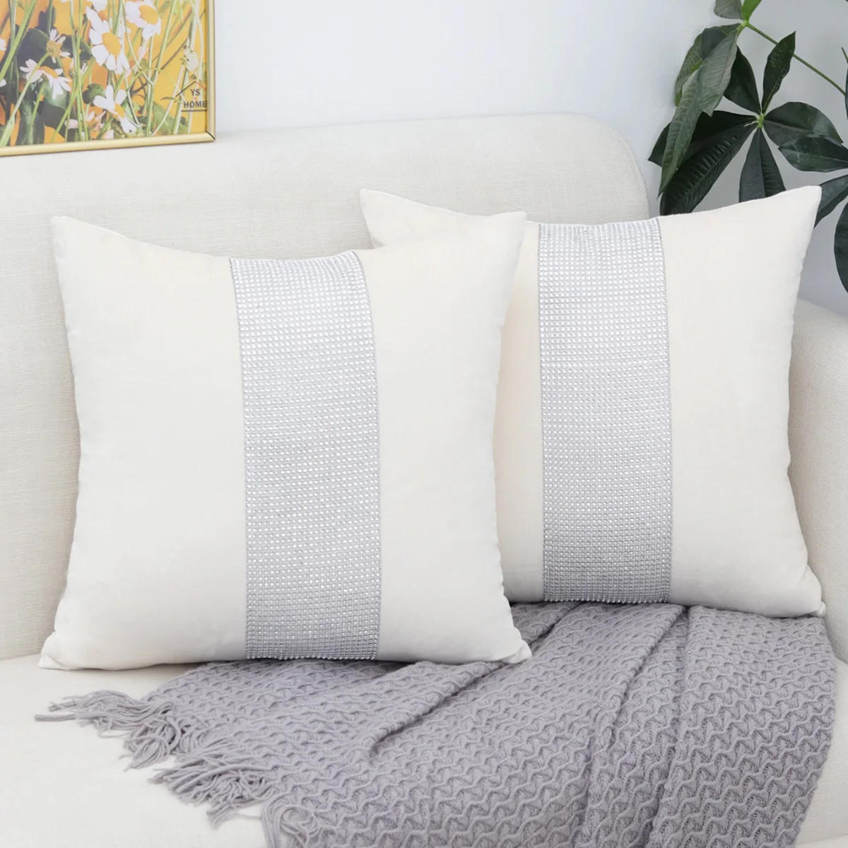 

Sparkling Rhinestone Velvet Pillow Covers Set of 2, Elegant Navy Blue Square Cushion Covers for Sofa,Plush Decorative Pillowcase