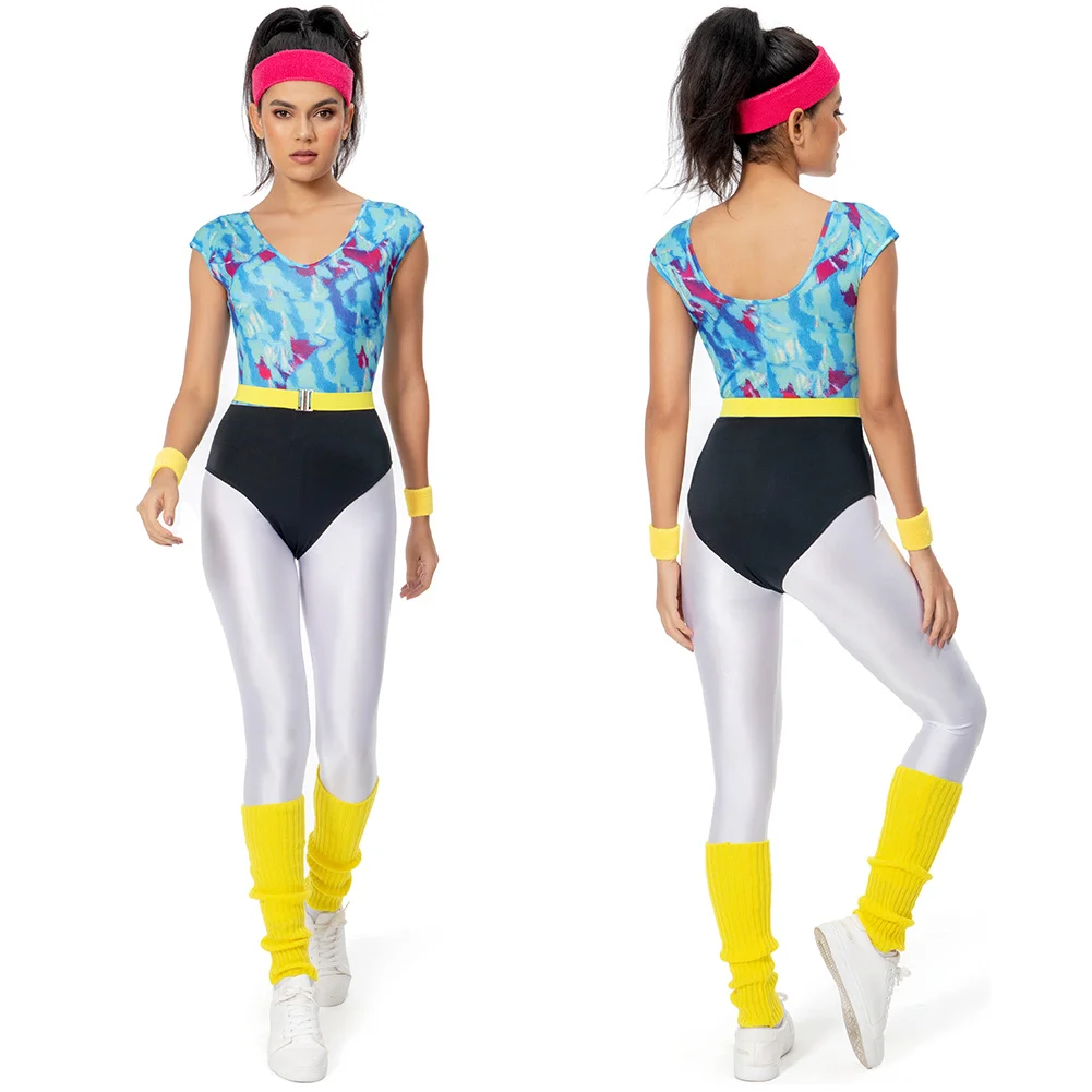 Retro Women 80s Bestie Cosplay Costume Printed patchwork Jumpsuit Halloween Carnival Party Birthday Suit For Female Male Adult