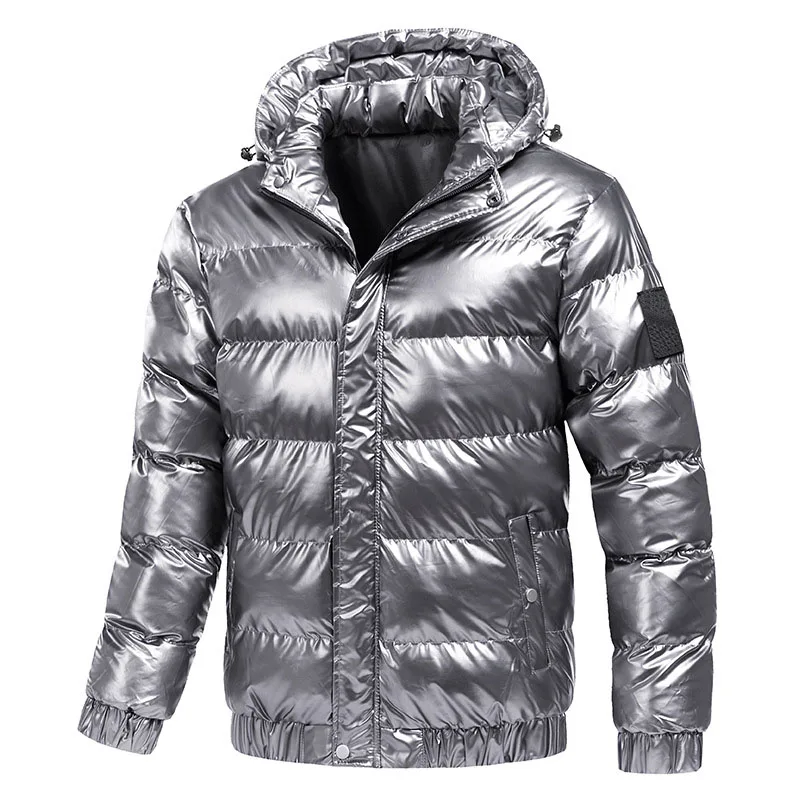 Zilver Glanzende mannen Winterjas Mode Capuchon Warm Dikker Katoen Gewatteerde Jas Mannen Effen Kleur Jonge Man Parka Uitloper MY308