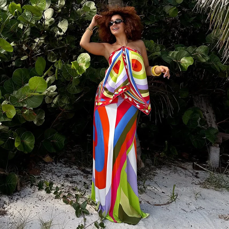 

Sexy Print Halter Vest Long Skirt Set Women Backless Sleeveless Asymmetric Top Straight Skirts 2025 Summer Lady Beach Outfits