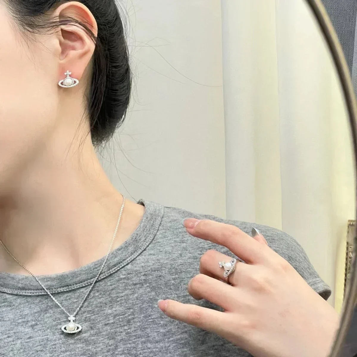 Saturn Style Ocean Gas Suit Natural Fresh Water High-quality Mantou Pearl Ring Earrings Pendant Necklace with Zircon Dating Gift