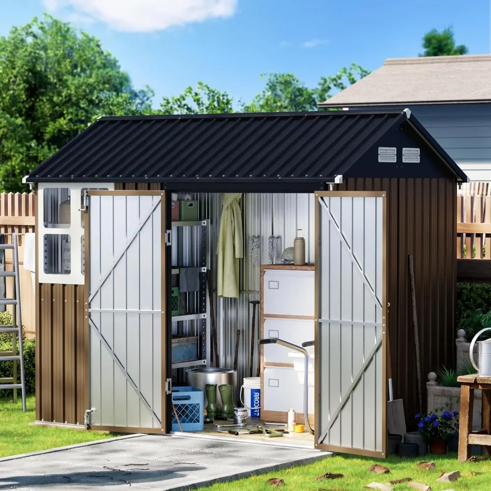 

8X6FT Outdoor Steel Storage Shed with Lockable Doors, One Window,Ideal for Garden, Backyard, Patio Storage,Brown
