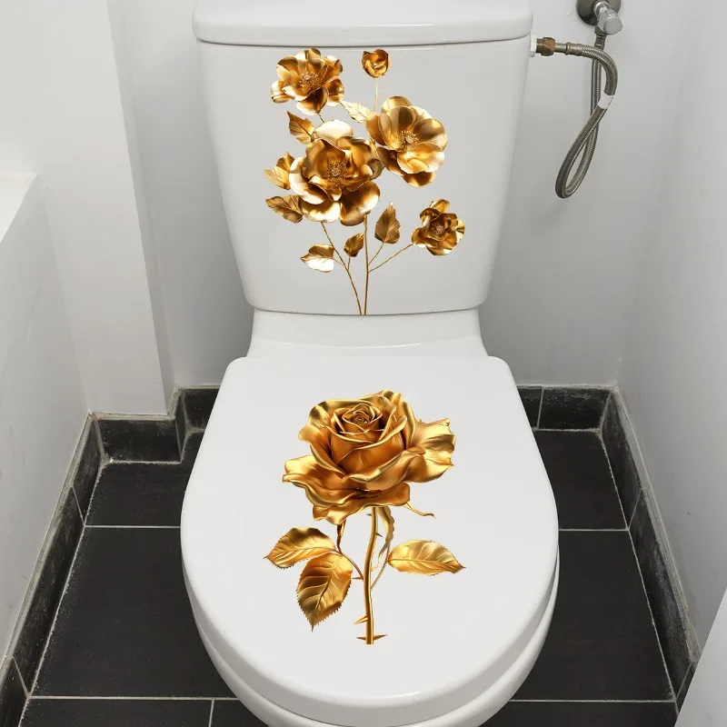 New Creative Gold Flower Waterproof Toilt Sticker Bathroom Wall Background Decal Home Decoration Self-adhesive Posters