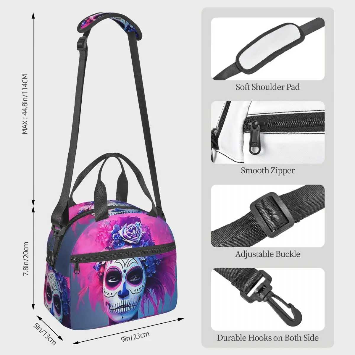 Alexander Gothic Las Elegantes Girls Day Of Dead Skull Borse per il pranzo Bento Box Lunch Tote Borse da picnic Borsa termica per la scuola della donna