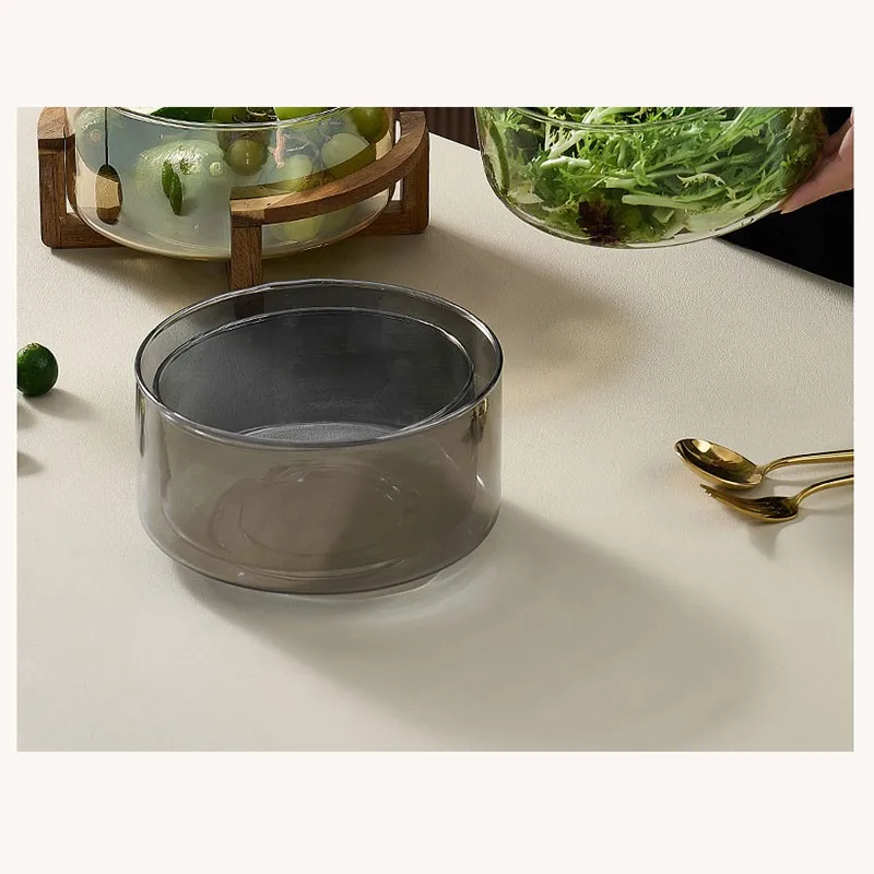 

【TODAY-ONLY!】Glass Fruit Bowl With Wooden Stand In Amber, Smoke Colors-Transparent Design For Home, Hospitality KTV Hotel